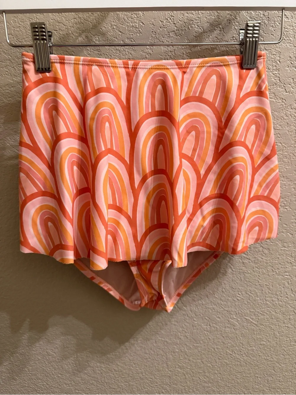 Girl’s High-Waist Swim Skirt with Shorts - Pink Orange Rainbow Print